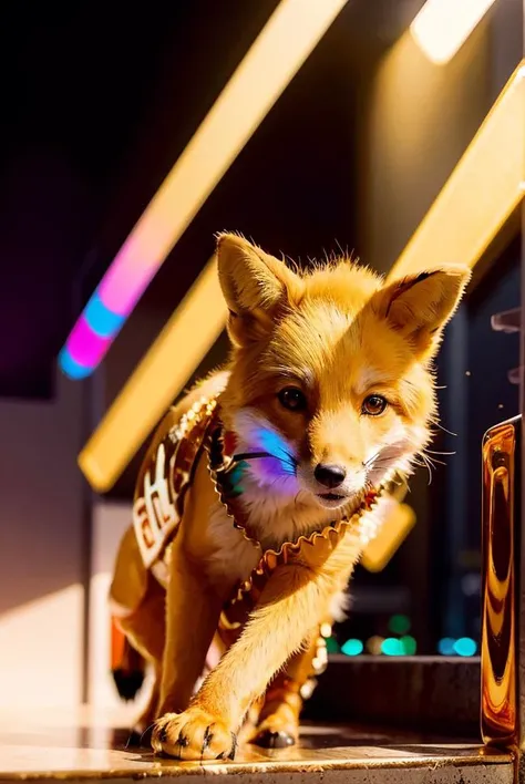 Cyberpunk, female, fox, matte, highest quality, dynamic pose, dynamic perspective, beautiful eyes, super clear, good figure, super realistic. (Golden color :1.8), (full bodysuit:1.2), <lora:Korean-doll-likeness:0.4>, (colorful lighting:1.6), upper body