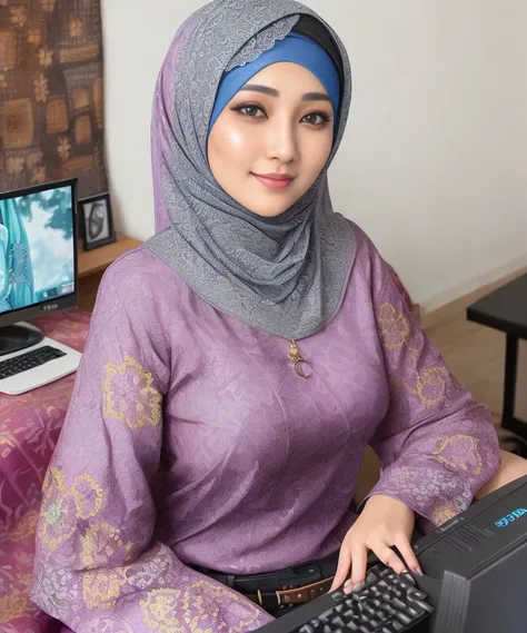 Painting of sexy hijabi gamer girl sitting in front of PC, 25 year old, highly detailed skin, colored eyes, multicolor hair, decorated walls, mature face, smile without teeth, dark hair, freckles, kebaya, puffy nipples, batik