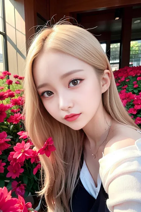 delicate face,Detailed beautiful delicate eyes,Depth of field,Ray tracing,perspective,20's,(Pretty Kpop girl group:1.2)+korean ulzzang face, 1woman,full body shot, beautiful face,looking at viewer, white hair, halo, red lycoris flower in the background, lycoris,, Noelle, <lora:koreanDollLikeness_v15:0.8>