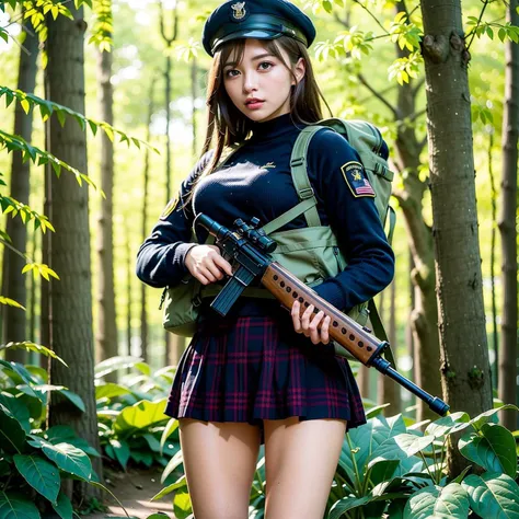 {{{masterpiece}}},{extremely detailed CG unity 8k wallpaper},best quality,Amazing,finely detail,solo,cinematic lighting,close-up,{{floating hair}},outdoors,detailed background,beautiful detailed eyes,bright pupils,dynamic pose,dynamic angle,looking at viewer,detailed clothes,{best quality}, {highres}, original, extremely detailed 8K wallpaper, {an extremely delicate and beautiful},(character_focus), ray tracing,look at camera,battlefield,
1girl,Long straight hair, light purple long hair,exposed breast,thighs open,showing panties,Upturned lips,biting lip,black lace underwear,sexy underwear,
HK416 Sopmod ii girls frontline, ilustration by Krenz Cushart, Holding a HK416 rifle,forest,Sunlight,
purple military uniform,tight military uniform,plaid pleated skirt,,side backpack,tactical accessories,uniform,
