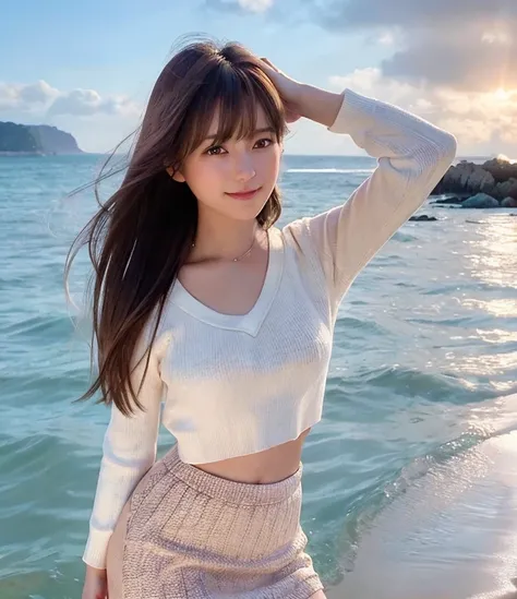 {{{masterpiece}}},best quality,Amazing,finely detail,solo,cinematic lighting,close-up,{{floating hair}},outdoors,detailed background,beautiful detailed eyes,bright pupils,dynamic pose,dynamic angle,looking at viewer,detailed clothes,{best quality}, {highres}, original, extremely detailed 8K wallpaper,(shy), look at camera,{an extremely delicate and beautiful}, 1 girl,exposed breast,thighs open,<lora:inniesBetterVulva_v11:0.5>, brown hair, asymmetrical bang, long hair, bang, windy, floating hair, (closed mouth), smile, full body, detailed face, ocean background, (flat chest:1.4), (white transparant knit sweater, skirt), belly button, sunshine ,<lora:koreanDollLikeness_v15:0.3>, <lora:taiwanDollLikeness_v10:0.2>, smooth skin, ((both hands behind head)), upper body, <lora:LoraBraless_v11:0.4>