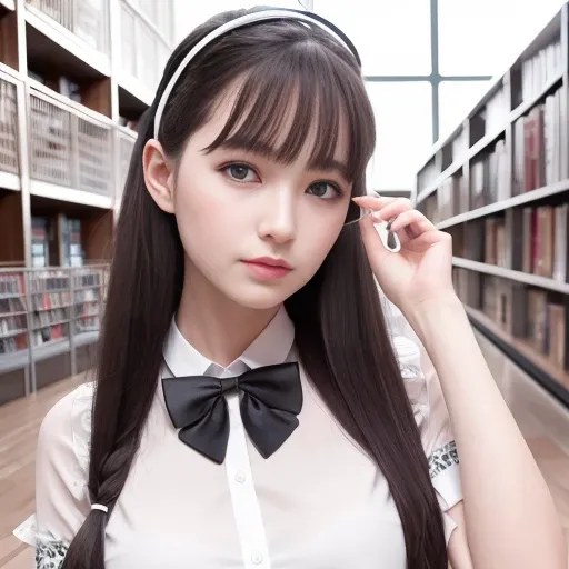 (8k, best quality, masterpiece:1.2, ultra detailed),
(photorealistic:1.4),
Realistic art，highly detailed, Photojournalism, Camcorder Effect,
(library backgorund:1.2),
portrait of a beautiful wowan,
symmetrical face,
black upper uniform shirt, bow tie, floral dress,
arm up, sunshine, (seductive pose),
(black hair), diagonal bangs, hair ribbon,
exquisite nose, lustrous eyes,
