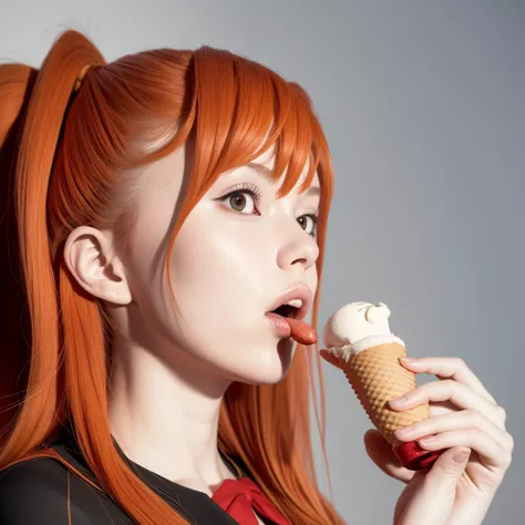 asuka langley portrait, wearing formal clothes, distracted, dreamy, sucking an ice cream, by jamie hewlett