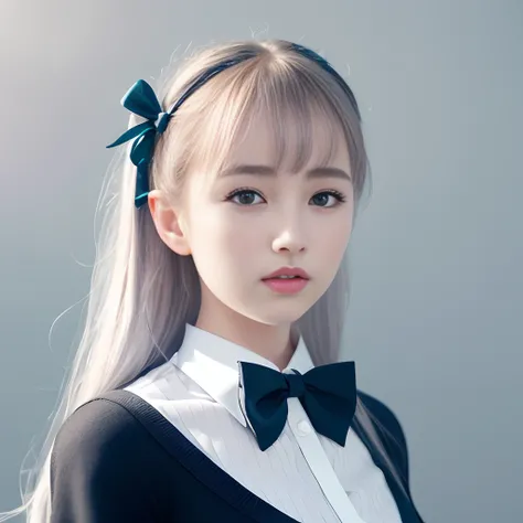 (8k, best quality, masterpiece:1.2, ultra detailed),
(photorealistic:1.4),
Realistic art,highly detailed, Photojournalism, Camcorder Effect,
(library backgorund:1.2),
portrait of a beautiful wowan,
symmetrical face,
block upper uniform shirt, bow tie, floral dress,
arm up, sunshine, (seductive pose),
(silver hair), diagonal bangs, hair ribbon,
exquisite nose, lustrous eyes,