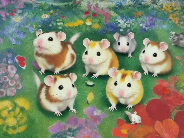 best quality, ultra high res, oil paint draw, Chagall style,white-brown hamsters, joyfully, crawl, playing, around in a lush, colorful garden,
