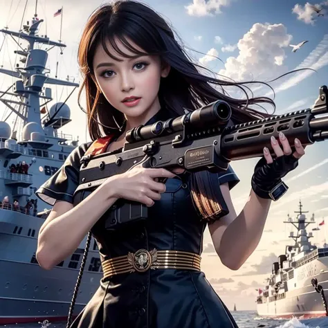 (best quality, masterpiece:1.2), ultra high res,best quality,detailed,Amazing,extremely detailed CG unity 8k wallpaper,
beautiful detailed eyes, highly detailed skin, extremely delicate and beautiful girls,
1girl holding mp5 gun and finger in trigger, long hair and full body, pouty lips, 
sailor dress, on warship, shiny skin,