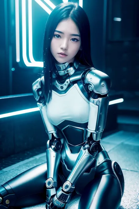 (kpop idol:1), 1girl, 18 yo, (sexy:1), fit, hot, (slim body:1.2), pale skin, (seductive:1.3), (dark hair:1.4), (small breasts:1.3), (looking at viewer:1), (half body:1.5), (sitting:1.4), futuristic, cybernetics, cyberpunk, (cyborg:1.2), (robot arms:1.4), (raining:1.2), (silver jumpsut:1.1), (alley), Shibuya at night, (night:1.2), (colorful neon lights), (fog:1.1), (PureErosFace_V1:0.5), 8k, (best quality), (ultra-detailed), (best illustration), (realistic, photo-realistic:1.37), (night photography), (medium close up:1.3), lens flare, shade, backlighting, depth of field, natural lighting, hard focus, vibrant details, anatomical, extremely delicate and beautiful, amazing, finely detailed, masterpiece,