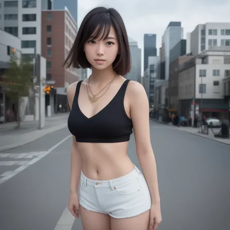 {{{masterpiece}}}, {extremely delicate and beautiful}, (solo:1.5), (best quality:1.2), (ultra high res, photorealistic, raw photo:1.4), 8k, Cinematic Lighting, beautiful lighting, professional lighting, physically-based rendering, photon mapping, radiosity, detailed and intricate, detail face, face highlight, slim body, white skin, big eyes, 1girl, small breasts, black hair, city, sidewalk, skyscrapers, crop top, zettai ryouiki, short shorts, standing, medium hair, jewelry, looking at another, staring, necklace, day, sky, aged down