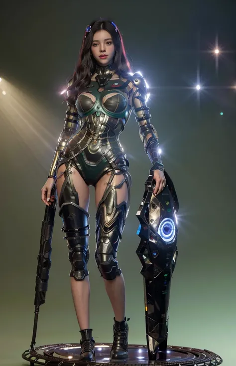 a futuristic woman with green hair and a robot suit standing in front of a futuristic background with a green and black robot, 1girl, assault_rifle, breasts, city, city_lights, cyberpunk, cyborg, floating_hair, glowing, green_hair, gun, holding_gun, holding_weapon, long_hair, mecha, pistol, planet, rifle, science_fiction, space, space_craft, weapon ulzzang-6500-v1.1 <hypernet:gigantomastia_:0.45> <lora:hipoly3DModelLora_v10:1>