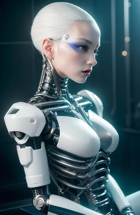 complex 3d render ultra detailed of a beautiful porcelain profile woman android face, cyborg, robotic parts, 150 mm, beautiful studio soft light, rim light, vibrant details, luxurious cyberpunk, lace, hyperrealistic, anatomical, facial muscles, cable electric wires, microchip, elegant, beautiful background, octane render, H. R. Giger style, 8k, best quality, masterpiece, illustration, an extremely delicate and beautiful, extremely detailed ,CG ,unity ,wallpaper, (realistic, photo-realistic:1.37),Amazing, finely detail, masterpiece,best quality,official art, extremely detailed CG unity 8k wallpaper, absurdres, incredibly absurdres, <lora:japaneseDollLikeness_v10:0.1>, <lora:koreanDollLikeness_v10:0.5>, robot, silver halmet, full body, sitting