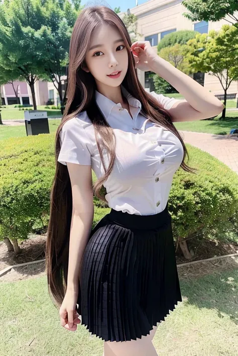 masterpiece, best quality, (realistic, photo-realistic:1.4), (RAW photo:1.2), extremely detailed CG unity 8k wallpaper, an extremely delicate and beautiful, amazing, finely detail, official art, absurdres, incredibly absurdres, huge file size, ultra-detailed, extremely detailed, beautiful detailed girl, extremely detailed eyes and face, beautiful detailed eyes, light on face,1girl, ((brown hair)), very long hair, solo, cute, looking at viewer, slim waist, full body, medium breasts, standing, bangs, ulzzang-6500-v1.1, (thai university uniform),(tight white shirt:1.5),(black pleated skirts:1.5),(short skirt:1.5),<lora:koreanDollLikeness_v15:0.7>, <lora:taiwanDollLikeness_v10:0.2>, (Kpop idol),<lora:thaiUniversity_v10:1>