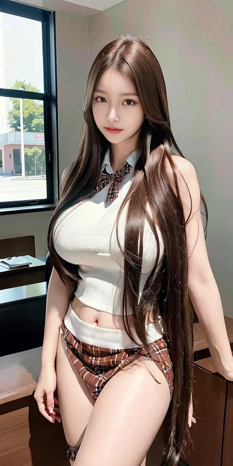masterpiece, best quality, (realistic, photo-realistic:1.4), (RAW photo:1.2), extremely detailed CG unity 8k wallpaper, an extremely delicate and beautiful, amazing, finely detail, official art, absurdres, incredibly absurdres, huge filesize, ultra-detailed, extremely detailed, beautiful detailed girl, extremely detailed eyes and face, beautiful detailed eyes, light on face,1girl, ((brown hair)), very long hair,  solo, cute, looking at viewer, (perfect female figure), slim waist, full body, medium  breasts, standing, ((sailor suit)), plaid skirt, collared shirt, midriff, open clothes, sleeveless shirt, bare arms, bangs, school, classroom, ulzzang-6500-v1.1, <lora:koreanDollLikeness_v15:0.7>, <lora:taiwanDollLikeness_v10:0.2>, (Kpop idol)