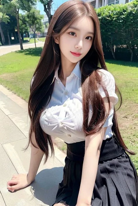 masterpiece, best quality, (realistic, photo-realistic:1.4), (RAW photo:1.2), extremely detailed CG unity 8k wallpaper, an extremely delicate and beautiful, amazing, finely detail, official art, absurdres, incredibly absurdres, huge file size, ultra-detailed, extremely detailed, beautiful detailed girl, extremely detailed eyes and face, beautiful detailed eyes, light on face,1girl, ((brown hair)), very long hair, solo, cute, looking at viewer, slim waist, full body, medium breasts, standing, bangs, ulzzang-6500-v1.1, (thai university uniform),(tight white shirt:1.5),(black pleated skirts:1.5),(short skirt:1.5),<lora:koreanDollLikeness_v15:0.7>, <lora:taiwanDollLikeness_v10:0.2>, (Kpop idol),<lora:thaiUniversity_v10:1>