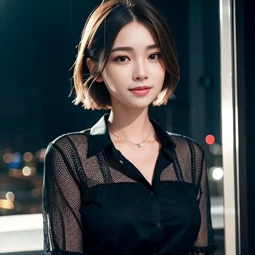 (8k, best quality, masterpiece:1.2), (realistic, photo-realistic:1.37), ultra-detailed, 1 girl,cute, solo,beautiful detailed sky,detailed cafe,night,sitting,dating,(nose blush),(smile:1.15),(closed mouth) small breasts,beautiful detailed eyes,(collared shirt:1.1), night, wet,business attire, rain,white lace, (short hair:1.2),floating hair NovaFrogStyle,
