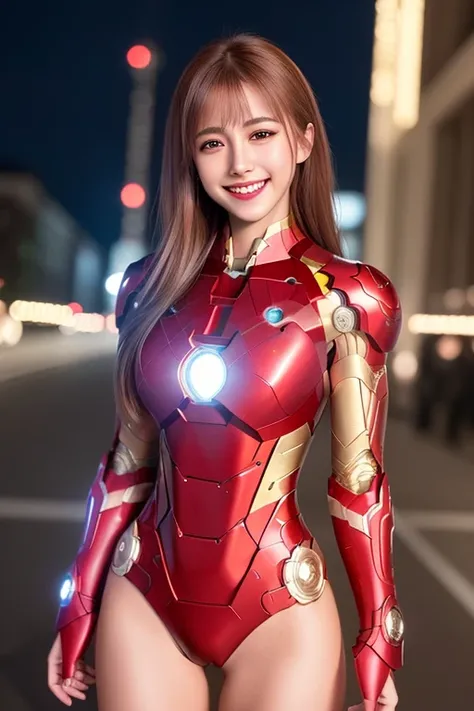 (8k, RAW photo:1.2),best quality, ultra high res, highly detailed,intricate detail,masterpiece,ultra-detailed,illustration,high res,soft light,
1 girl , (highly detailed upper body dressed as iron man),((show beautiful whole legs and side thigh)) ,medium breasts, (light brown hair:1), detailed face, cinematic,city, night, looking at viewer, muted colors, soft cinematic light, intricate detail, hyperdetail, masterpiece, hdr, sharp focus, high quality, film grain,(smiling face:1.5)