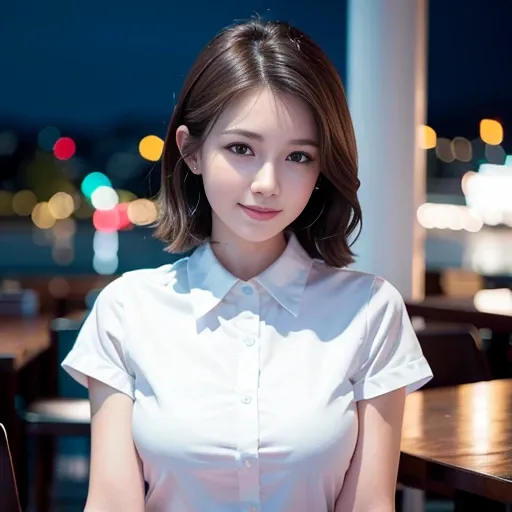 (8k, best quality, masterpiece:1.2), (realistic, photo-realistic:1.37), ultra-detailed, 1 girl,cute, solo,beautiful detailed sky,detailed cafe,night,sitting,dating,(nose blush),(smile:1.15),(closed mouth) small breasts,beautiful detailed eyes,(collared shirt:1.1), night, wet,business attire, rain,white lace, (short hair:1.2),floating hair NovaFrogStyle,