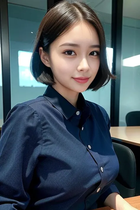 (8k, best quality, masterpiece:1.2), (realistic, photo-realistic:1.37), ultra-detailed, 1 girl,cute, solo,beautiful detailed sky,detailed office,night,sitting,(nose blush),(smile:1.15),(closed mouth) , medium breasts,beautiful detailed eyes,(collared shirt:1.1), night, wet,business attire, rain, (short hair:1.2), pureerosface_v1, computer, detail finger, beautiful detailed face, <lora:koreanDollLikeness_v15:0.7>
