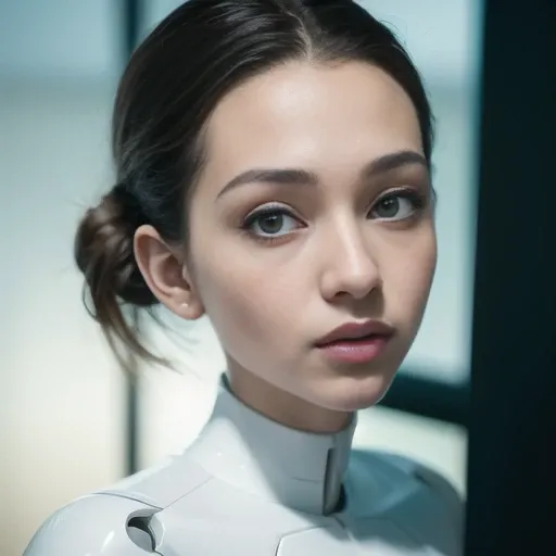 complex 3d render ultra detailed (view from waist up:1.5) of a beautiful porcelain young slim fit cyborg  young woman with short brown hair,  looking at viewer,  (cyborg:1.3),(red lights and porcelain white robotic parts:1.3), 150mm, masterpiece,  luxurious cyberpunk, lace, hyperrealistic, anatomical, facial muscles, cable electric wires, microchip, octane render, elegant, (detailed face and eyes:1.2), detailed skin, (colorful), face focus, smirk, indoors, petite, facing viewer, window with space station background, rain,  beautiful studio soft light, rim light, vibrant details, peach eyes, (detailed face and eyes:1.2), absurdres, highres, 8k, CG ,unity ,wallpaper, (realistic, photo-realistic:1.37),Amazing, finely detailed, best quality,official art, extremely detailed CG, cool silver