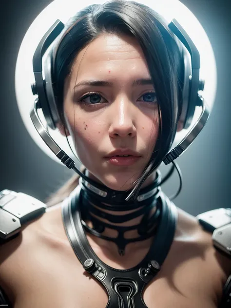 complex 3d render ultra detailed of a beautiful porcelain profile woman android face, cyborg, 150 mm, beautiful studio soft light, rim light, vibrant details, luxurious cyberpunk, lace, hyperrealistic, anatomical, facial muscles, cable electric wires, microchip, elegant, beautiful background, octane render, H. R. Giger style, 8k, best quality, masterpiece, illustration, an extremely delicate and beautiful, extremely detailed ,CG ,unity ,wallpaper, (realistic, photo-realistic:1.37),Amazing, finely detail, masterpiece,best quality,official art, extremely detailed CG unity 8k wallpaper, absurdres, incredibly absurdres, silver halmet,  sitting
