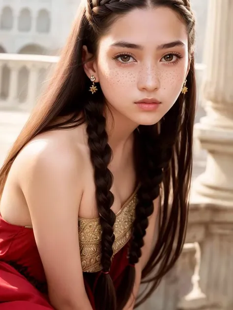 , horny, 1girl, 16k, best lighting, best quality, ultra high res, (skin pore:1.3), freckles, ultral detailed face and eyes, (photorealistic:1.4),best quality, 12 years old,small breasts, narrow waist,beautiful detailed eyes,light on face,standing,(full_body:1.2), long legs, masterpiece,, masterpiece, (closeup) of a young dreamy woman, royal princess, dark colored hair, twin braids, looking at viewer, palace background, highly intricate, highly detailed, photorealism style, dim, moody lighting
