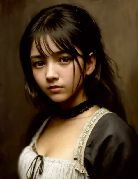 A portrait of poor 14y old peasant girl, in old used 1800 peasant clothing , crazy mad aggressive face and eyes, fantasy, concept art, oil pastel painting , moody gray colors , gritty, messy stylestyle of Malika Favre, Ilya Kuvshinov, Franz Xaver Winterhalter , Alice Pasquin(cel shaded:1.2), 2d, (oil painting:1.2) highly detailed, jeremy mann