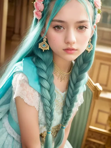, horny, 1girl, 16k, best lighting, best quality, ultra high res, (skin pore:1.3), ultral detailed face and eyes, (photorealistic:1.4),best quality, 12 years old,small breasts, narrow waist,beautiful detailed eyes,light on face,standing,(full_body:1.2), long legs, masterpiece,, masterpiece, (closeup) of a young dreamy woman, royal princess, pastel colored hair, twin braids, looking at viewer, palace background, highly intricate, highly detailed, photorealism style, dim, moody lighting
