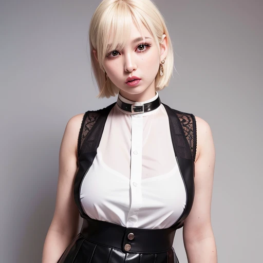 best quality, ultra high res, (photorealistic:1.4), 1woman, sleeveless white button shirt, black skirt, black choker, cute, (Kpop idol), (aegyo sal:1), (platinum blonde hair:1), ((puffy eyes)), looking at viewer, full body, facing front, nipples