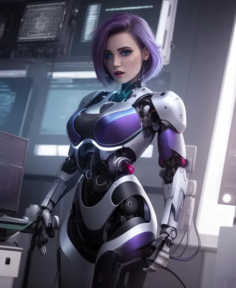 masterpiece, high quality, CGI Art, cyborg, robotic parts,1girl, Syberpunk,modern art,Future technology equipment,Blue purple hair, red eyeshadow, metallic texture best,looking to the side, <lora:clarity_19:1>