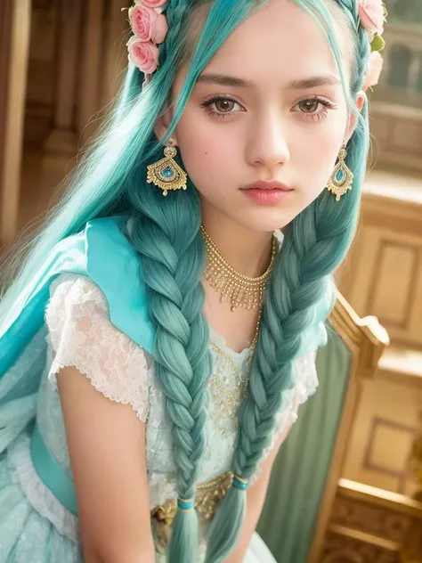 , horny, 1girl, 16k, best lighting, best quality, ultra high res, (skin pore:1.3), ultral detailed face and eyes, (photorealistic:1.4),best quality, 12 years old,small breasts, narrow waist,beautiful detailed eyes,light on face,standing,(full_body:1.2), long legs, masterpiece,, masterpiece, (closeup) of a young dreamy woman, royal princess, pastel colored hair, twin braids, looking at viewer, palace background, highly intricate, highly detailed, photorealism style, dim, moody lighting