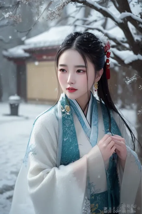 a woman in Chinese traditional style dress standing in the snow with a tree in the background and snow falling on her, Chen Yifei, snow, a photorealistic painting, art photography ,  ultra high res, (photorealistic:1.4), masterpiece, sharp lines, vivid color, beautiful eyes, detailed face,