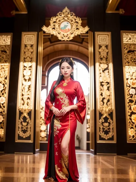 set in a grand palace hall, full body, dressed in a bright red robe adorned with gold patterns and embroidery, background decorated with intricate carvings and murals, gold, red, black, dim light with shadows, bold colors and intricate details, capturing the beauty and complexity of Chinese opera, Beautiful face, hair ornament, solo, looking at viewer, lips, dress, hair ornament, necklace, jewelry, long hair, earrings,<lora:mix4:0.5>,mix4,(8k, RAW photo, best quality, masterpiece:1.2), (realistic, photo-realistic:1.37), professional lighting, photon mapping, radiosity, physically-based rendering, architecture, east asian architecture,
