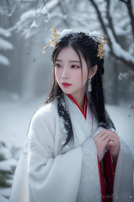 A woman in a white dress and red dress standing in the snow - SeaArt AI