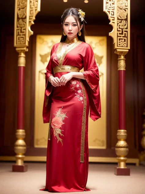 set in a grand palace hall, full body, dressed in a bright red robe adorned with gold patterns and embroidery, background decorated with intricate carvings and murals, gold, red, black, dim light with shadows, bold colors and intricate details, capturing the beauty and complexity of Chinese opera, Beautiful face, hair ornament, solo, looking at viewer, lips, dress, hair ornament, necklace, jewelry, long hair, earrings, brave man, beard, <lora:mix4:0.5>,mix4,(8k, RAW photo, best quality, masterpiece:1.2), (realistic, photo-realistic:1.37), professional lighting, photon mapping, radiosity, physically-based rendering, architecture, east asian architecture,