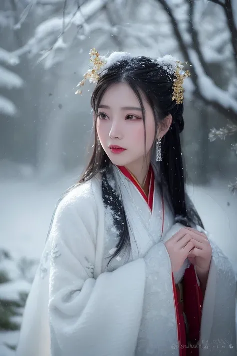 a woman in Chinese traditional style dress standing in the snow with a tree in the background and snow falling on her, Chen Yifei, snow, a photorealistic painting, art photography ,  ultra high res, (photorealistic:1.4), masterpiece, sharp lines, vivid color, beautiful eyes, detailed face,
