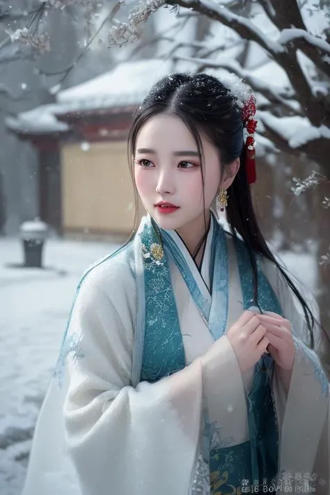 a woman in Chinese traditional style dress standing in the snow with a tree in the background and snow falling on her, Chen Yifei, snow, a photorealistic painting, art photography , ultra high res, (photorealistic:1.4), masterpiece, sharp lines, vivid color, beautiful eyes, detailed face,