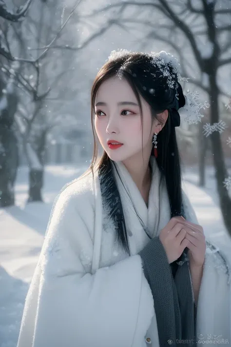 a woman standing in the snow with a tree in the background and snow falling on her, Chen Yifei, snow, a photorealistic painting, art photography