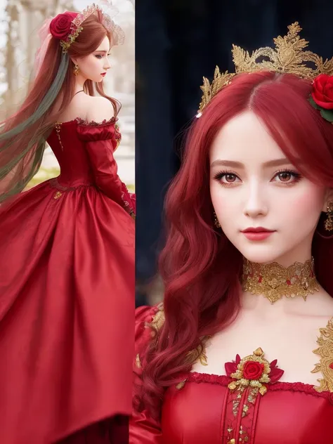 a doll dressed in a color dress, magic fantasy highly detailed, baroque color palette, detailed face with mask, ultra - realistic and intricate, the red queen, colorful light leather armor, prima ballerina in rose garden, highly detailed clothing, lady, realistic. detailed ,feathers,wind blowing hair flying