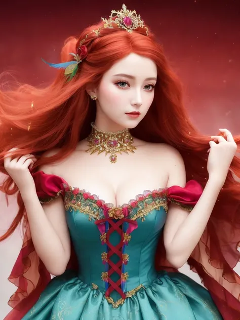 a doll dressed in a color dress, magic fantasy highly detailed, baroque color palette, detailed face with mask, ultra - realistic and intricate, the red queen, colorful light leather armor, prima ballerina in rose garden, highly detailed clothing, lady, realistic. detailed ,feathers,wind blowing hair flying