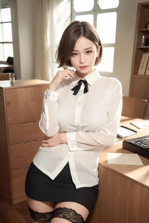 (RAW photo, best quality), (realistic, photo-realistic:1.3), masterpiece, an extremely delicate and beautiful, extremely detailed, CG, unity , 2k wallpaper, Amazing, finely detail, light smile, extremely detailed CG unity 8k wallpaper, huge filesize, ultra-detailed, highres, absurdres, soft light, (((short hair:1.3), short bang, silver hair, floating hair novafrogstyle)), beautiful detailed girl, detailed fingers, extremely detailed eyes and face, beautiful detailed nose, beautiful detailed eyes, long eyelashes, light on face, looking at viewer, (closed mouth:1.2), 1girl, cute, young, mature face, (full body:1.3), (medium breasts), realistic face, realistic body, beautiful detailed thigh, (ulzzang-6500-v1.1:0.8), <lora:koreanDollLikeness_v15:0.4>, business suit, cross-laced clothes, collared shirt, open clothes, in office, detailed office, open cardigan, black thighhighs, miniskirt,