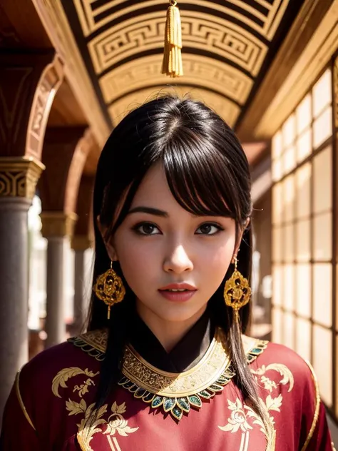 man, set in a grand palace hall, full body, dressed in a bright red robe adorned with gold patterns and embroidery, background decorated with intricate carvings and murals, gold, red, black, dim light with shadows, bold colors and intricate details, capturing the beauty and complexity of Chinese opera, Beautiful face, hair ornament, solo, looking at viewer, lips, dress, hair ornament, necklace, jewelry, long hair, earrings,<lora:mix4:0.5>,mix4,(8k, RAW photo, best quality, masterpiece:1.2), (realistic, photo-realistic:1.37), professional lighting, photon mapping, radiosity, physically-based rendering, architecture, east asian architecture,