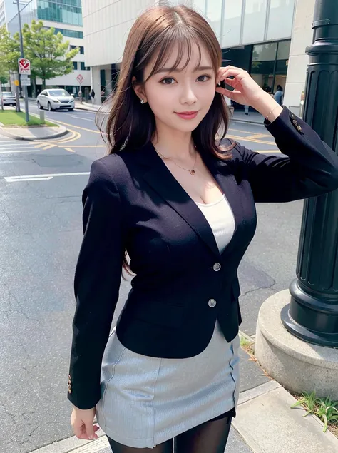 (8k, best quality, masterpiece:1.2),
(realistic, photo-realistic:1.37),
ultra-detailed,
1 girl, full body, outdoors, (adjusting hair:1.5)
office lady, black officeblazer, officeskirt, (pantyhose:1.2), (short buttoneddownshirt:1.2), buttonedupcollarprim, buttoneddowncollarprim, bra, (pantyhose:1.2), alphalayers, highheels,
beautiful earrings,
cute,
solo,
beautiful detailed sky,
(smile:1.15),
(closed mouth),
small breasts,
beautiful detailed eyes,
business attire,
(short hair:1.2),
floating hair NovaFrogStyle,