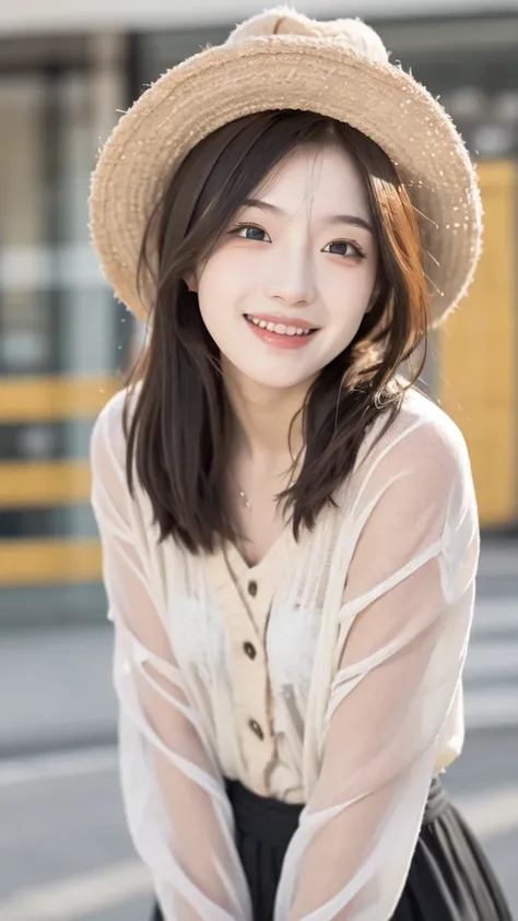 one girl with full body, standing on the shore with a random hat, 64K, masterpiece, highest quality, ultra high res, realistic, (photorealistic:1.8), (extremely_detailed_eyes_and_face), idol, big eyes, perfect body, closed mouth, cinema light, blush, long hair, vivid color palette a 18 years old beautiful model, fabulous makeup, happily laughing,(small pelvis), smaller head, thin waist, extremely detailed background, highly detailed skin, bright light, perfectly detailed face, detailed eyes, long eyelashes, double eyelid, <lora:cuteGirlMix4_v10:0.9>