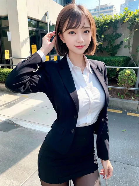 (8k, best quality, masterpiece:1.2),
(realistic, photo-realistic:1.37),
ultra-detailed,

1 girl, full body, outdoors, (adjusting hair:1.5)
office lady, black officeblazer, officeskirt, (pantyhose:1.2), (short buttoneddownshirt:1.2), buttonedupcollarprim, buttoneddowncollarprim, bra, (pantyhose:1.2), alphalayers, highheels,

beautiful earrings,
cute,
solo,
beautiful detailed sky,
(smile:1.15),
(closed mouth),
small breasts,
beautiful detailed eyes,
business attire,
(short hair:1.2),
floating hair NovaFrogStyle,