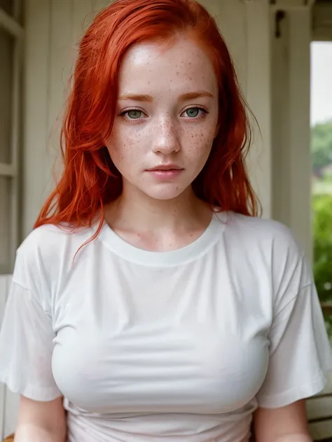 a portrait of a (soaking wet of a milk:1.2) redhead, freckles teacher is sitting on a porch, white shirt, visible nipples through the white top t-shirt, slate atmosphere, cinematic, dimmed colors, dark shot, muted colors, film grainy, lut, insane details, intricate details, hyperdetailed, closeup, twilight