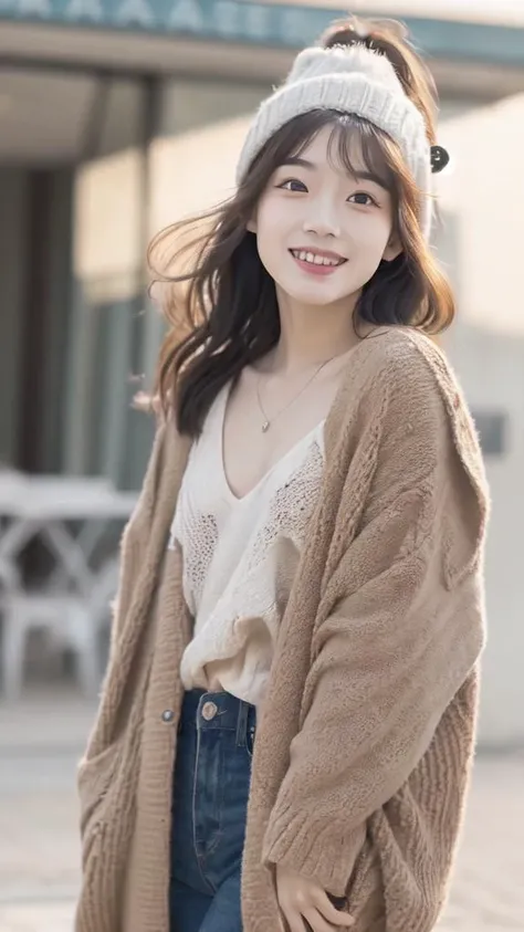 one girl with full body, standing on the shore with a random hat, 64K, masterpiece, highest quality, ultra high res, realistic, (photorealistic:1.8), (extremely_detailed_eyes_and_face), idol, big eyes, perfect body, closed mouth, cinema light, blush, long hair, vivid color palette a 18 years old beautiful model, fabulous makeup, happily laughing,(small pelvis), smaller head, thin waist, extremely detailed background, highly detailed skin, bright light, perfectly detailed face, detailed eyes, long eyelashes, double eyelid, <lora:cuteGirlMix4_v10:0.9>