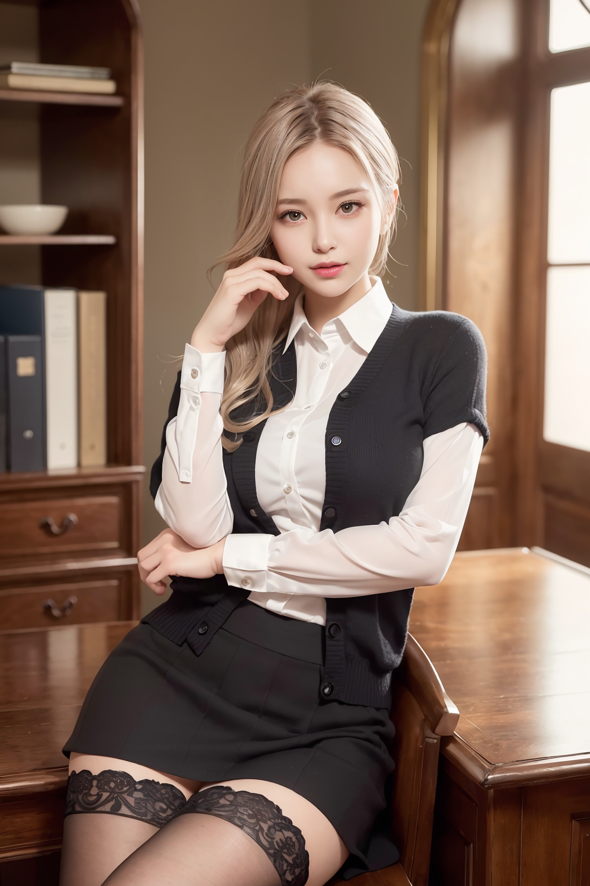 A woman in a black skirt and white shirt sitting on a desk - SeaArt AI