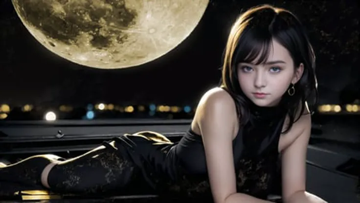 photo of upper body of a 18-year-old hungarian girl with big blue eyes in a black one-piece lying on a roof top of European house, who looks at the viewer with smile, who resembles Emma Watson, <lora:japaneseDollLikeness_v10:0.3>

(solo), (quality:1.4), (photorealistic:1.2), (resolution:1.4), (sharpness:1.6), (cinematic lighting)

light particles floats around the girl

In the background, a (detailed:1.6) (huge:1.6) (gold:1.4) full moon and the (many:1.6) (detailed:1.6) start can be seen in the (pitch-black:1.6) sky