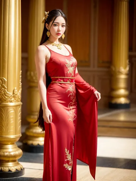 set in a grand palace hall, full body, dressed in a bright red robe adorned with gold patterns and embroidery, background decorated with intricate carvings and murals, gold, red, black, dim light with shadows, bold colors and intricate details, capturing the beauty and complexity of Chinese opera, Beautiful face, hair ornament, solo, looking at viewer, lips, dress, hair ornament, necklace, jewelry, long hair, earrings,<lora:mix4:0.5>,mix4,(8k, RAW photo, best quality, masterpiece:1.2), (realistic, photo-realistic:1.37), professional lighting, photon mapping, radiosity, physically-based rendering, architecture, east asian architecture,