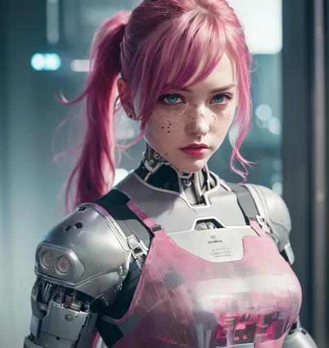 (8k, RAW photo, highest quality),(epic realistic:1.7), a girl,(erotic face:1.2),shirt,(detailed eyes:1.1),(looking at the camera:1.4), (highest quality),intricate details,cinematic,((skin:1.4)),interior, (long ponytail pink hair:1.2),dark studio,(hdr:1.7),detailed, muted colors, freckles, (best shadow:1.8), cyborg, (robotic white parts:1.3), robot, (luxurious cyberpunk:1.5), full body