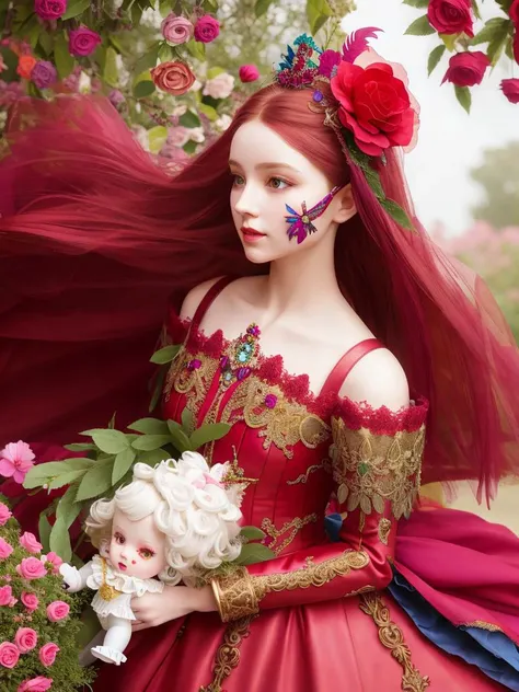 a doll dressed in a color dress, magic fantasy highly detailed, baroque color palette, detailed face with mask, ultra - realistic and intricate, the red queen, colorful light leather armor, prima ballerina in rose garden, highly detailed clothing, lady, realistic. detailed ,feathers,wind blowing hair flying